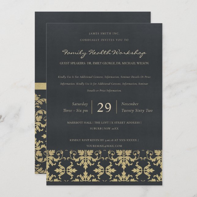 NAVY VELVET GOLD DAMASK CLASSIC WORKSHOP EVENT INVITATION (Front/Back)