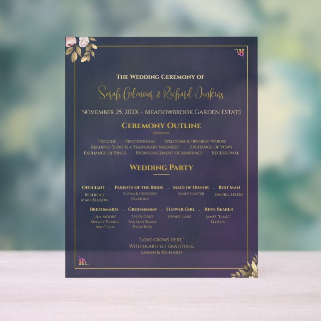 Navy Velvet Wedding Program Board – Translucent Acrylic Sign (Neutral)