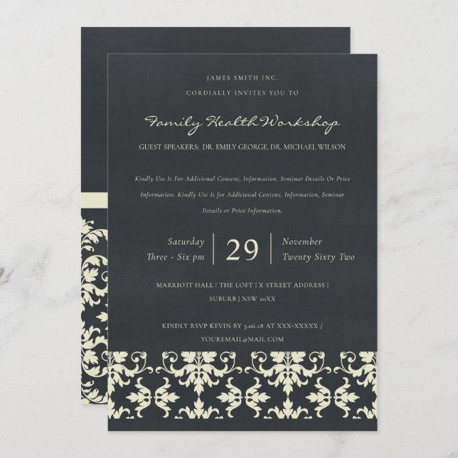 NAVY VELVET WHITE DAMASK CLASSIC WORKSHOP EVENT INVITATION (Front/Back)