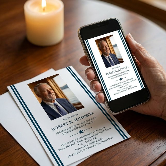 Navy Veteran Photo Digital Death Notice Funeral Invitation (Death and Celebration of Life announcement - available printed or digital download for sharing)