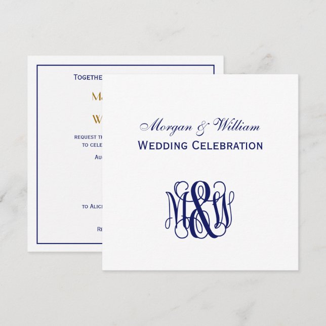Navy Vine Script Monogram B&G DIY BG Wedding Invitation (Front/Back)