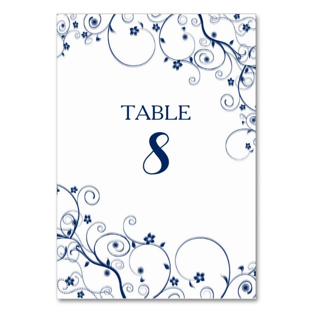 Navy Vines Wedding Table Number cards (Front)