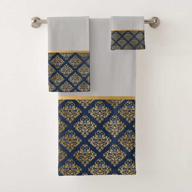 NAVY VINTAGE ABSTRACT GREY GOLD BATHROOM TOWEL SET (Insitu)