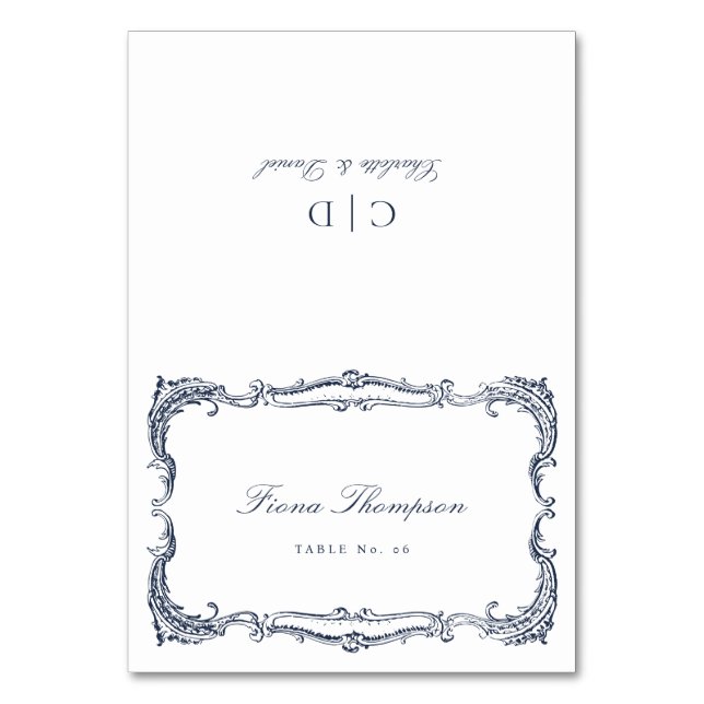 Navy Vintage Classic Script Foldable Place Card (Front)