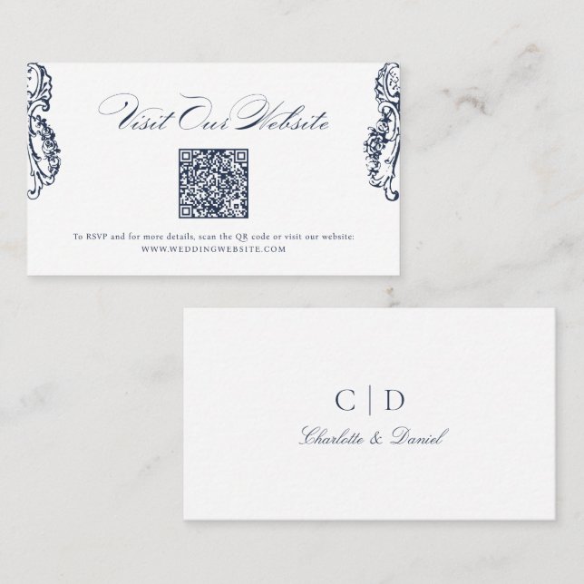 Navy Vintage Classic Script QR code Website Card (Front/Back)