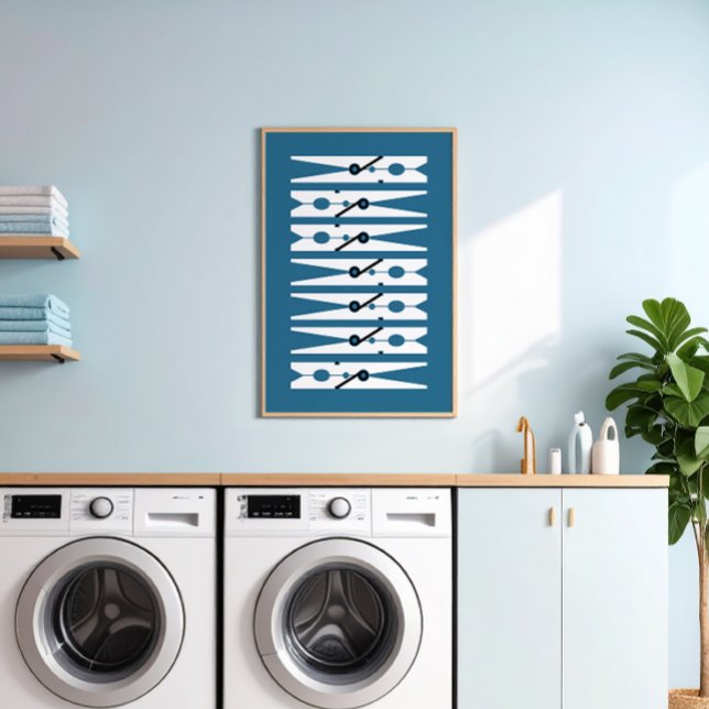 Navy Vintage Clothes Pins Graphic Laundry Room Poster (navy blue and white modern graphic clothes pins art for a fun laundry room)