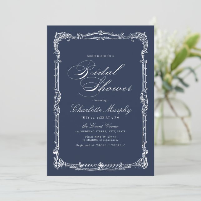Navy Vintage Frame Classic Script Bridal Shower Invitation (Standing Front)