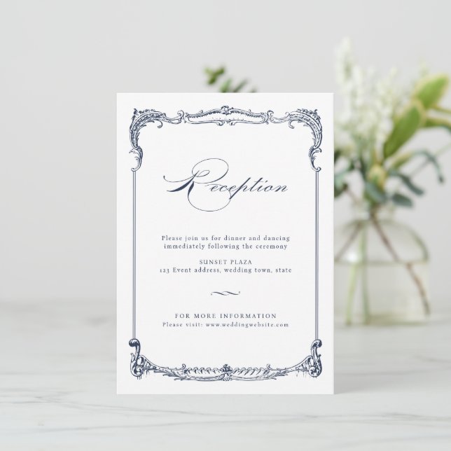Navy Vintage Frame Classic Script Reception Card (Standing Front)