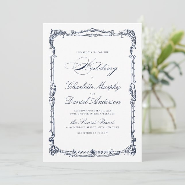 Navy Vintage Frame Classic Script Simple Wedding Invitation (Standing Front)