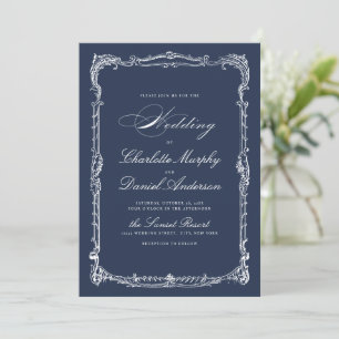 Navy Vintage Frame Classic Script Simple Wedding Invitation