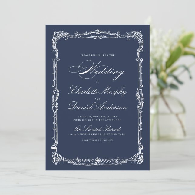 Navy Vintage Frame Classic Script Simple Wedding Invitation (Standing Front)