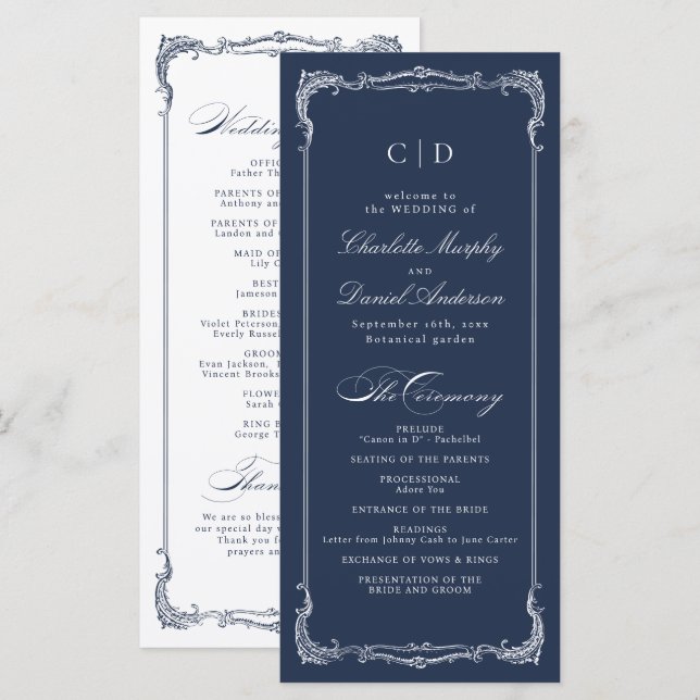 Navy Vintage Frame Classic Script Wedding Program (Front/Back)