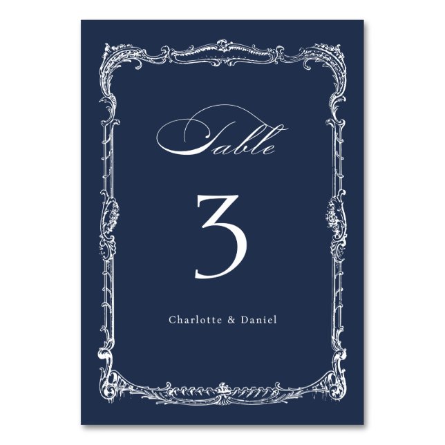 Navy Vintage Frame Classic Script Wedding Table Number (Front)