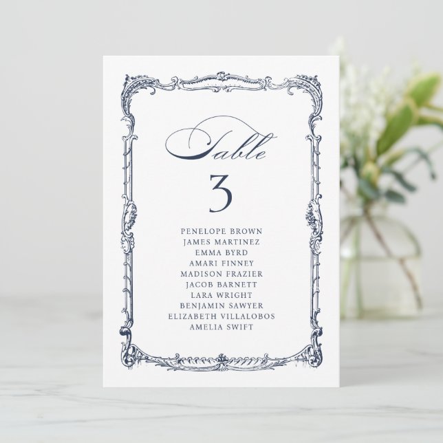 Navy Vintage Frame Classic wedding seating charts Invitation (Standing Front)