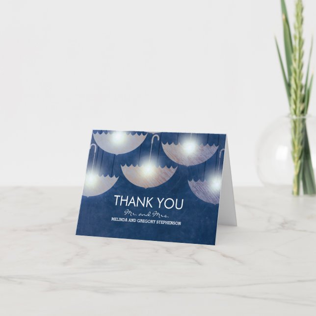 Navy Vintage Umbrella Lights Wedding Thank You (Front)
