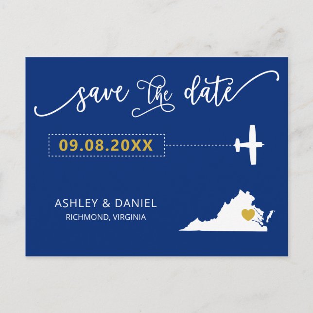 Navy Virgnia Wedding Save the Date Map Postcard (Front)