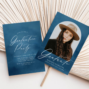 Navy Watercolor Arch Photo Graduation Party Invitation