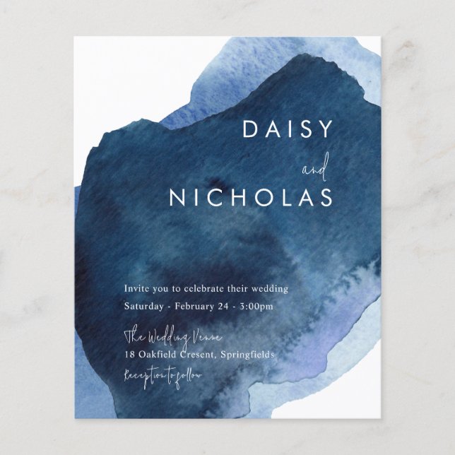 Navy Watercolor Budget Ocean Beach Wedding Invite (Front)