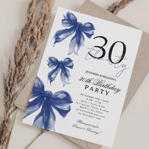 Navy Watercolor Coquette Bow 30th Birthday Party Invitation