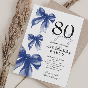 Navy Watercolor Coquette Bow 80th Birthday  Invitation