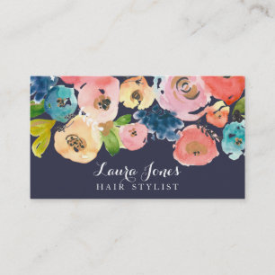 Navy Watercolor Floral Hair Stylist Cards