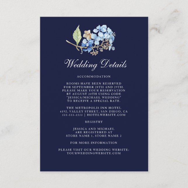 Navy Watercolor Floral Hydrangea Wedding Details Enclosure Card (Front)