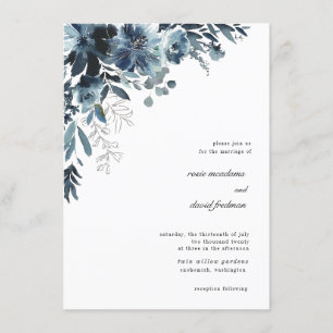 Navy Watercolor Floral Wedding Invitation