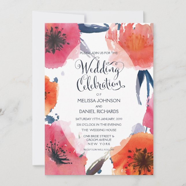 Navy Watercolor Floral Wedding Invite (Front)