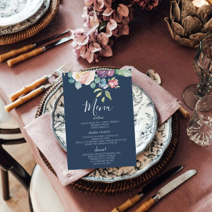 Navy Watercolor Floral Wedding Table Menu Cards