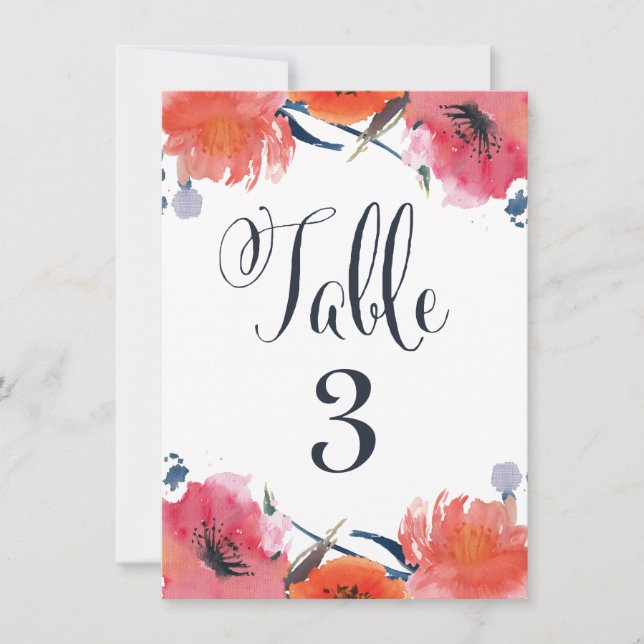 Navy Watercolor Floral Wedding Table Number Cards (Front)