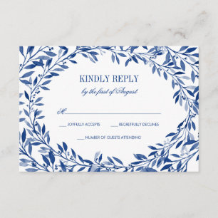 Navy Watercolor Laurel Wreath Wedding RSVP Card