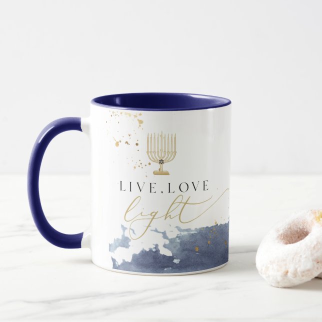 Navy Watercolor Menorah Live Love Light Hanukkah Mug (With Donut)