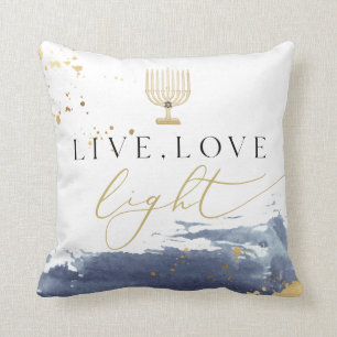 Navy Watercolor Menorah Live Love Light Hanukkah Throw Pillow