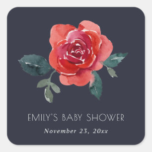 NAVY WATERCOLOR RED GREEN ROSE FLORAL BABY SHOWER SQUARE STICKER
