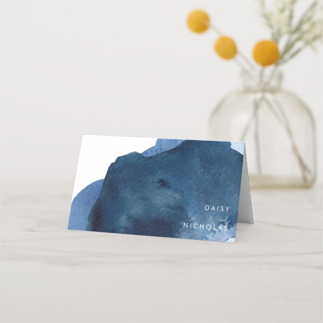 Navy Watercolor Splash Wedding Place Card (Front)