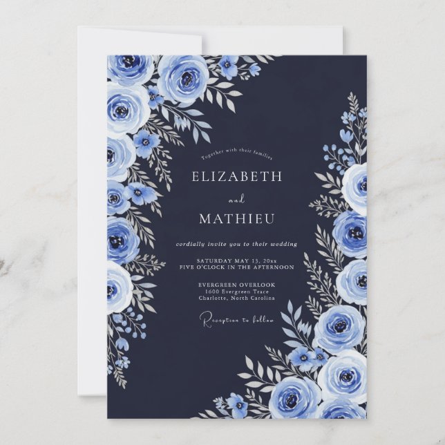 Navy Watercolor Winter Wedding Invitation (Front)