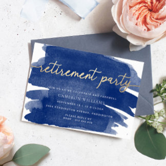 Navy Watercolour Gold Retirement Party Invitation