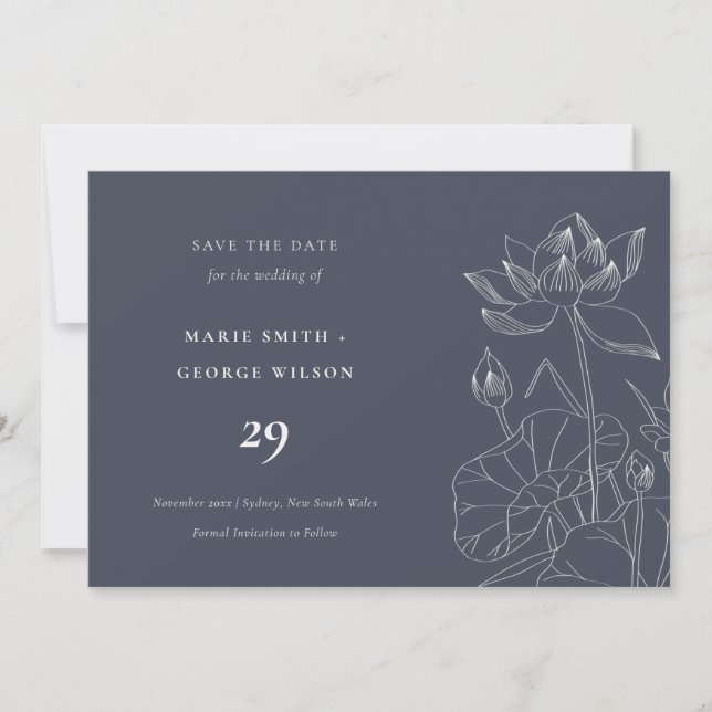 Navy Waterlily Floral Sketch Save The Date Card (Front)