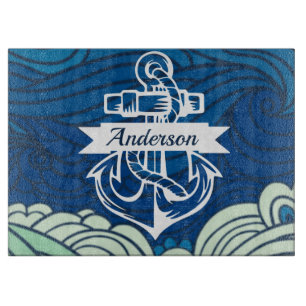Navy Waves Beach House Cutting Board Anchor & Name