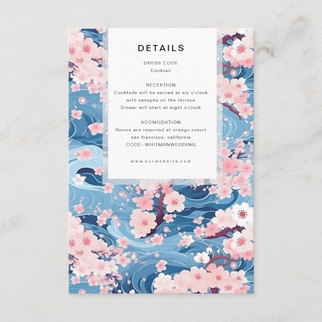 Navy Waves Sakura Blossom Modern Wedding Details Enclosure Card (Front)