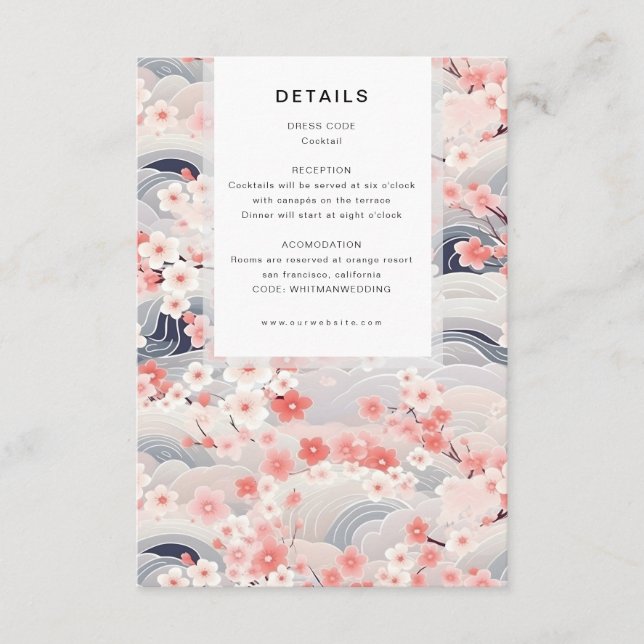 Navy Waves Sakura Blossom Modern Wedding Details Enclosure Card (Front)