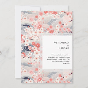 Navy Waves Sakura Blossom Modern Wedding Invitation