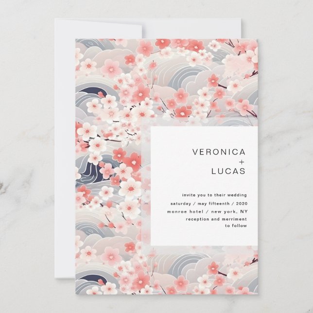 Navy Waves Sakura Blossom Modern Wedding Invitation (Front)