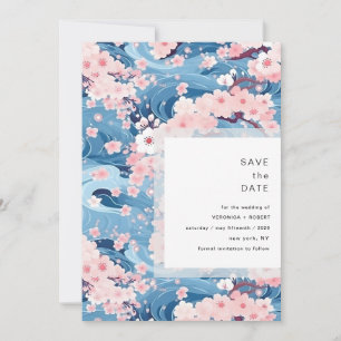 Navy Waves Sakura Blossom Modern Wedding Save The Date