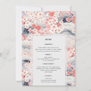 Navy Waves Sakura Floral Modern Wedding Menu Invitation