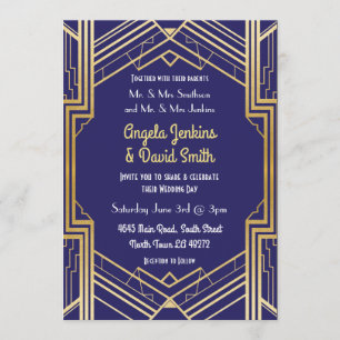 Navy Wedding Invitation 1920's Gold Art Deco