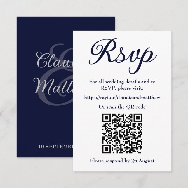 Navy Wedding Website RSVP with QR Code Card (Front/Back)