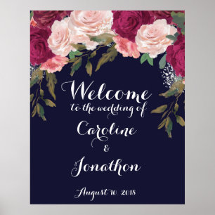 Navy wedding welcome sign burgundy florals