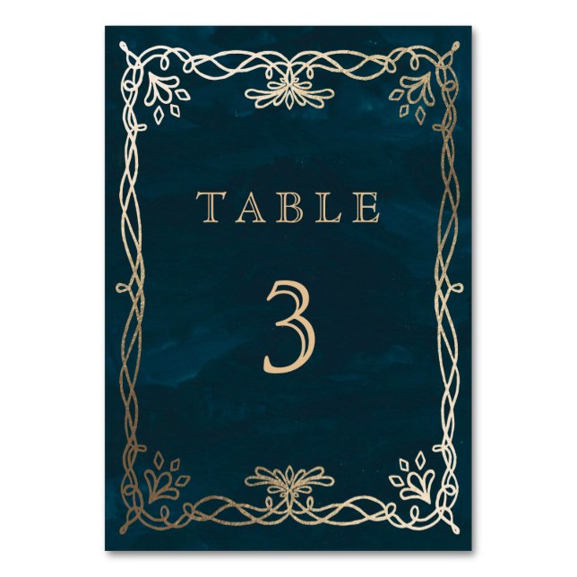Navy Whimsical  Medieval Wedding Table Number (Front)