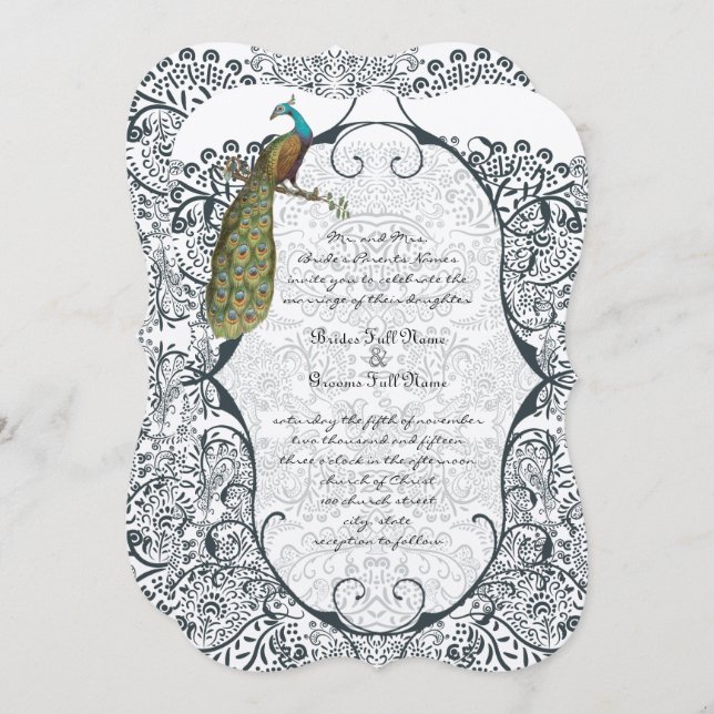 Navy Whimsical Peacock Love Bird Pattern Wedding Invitation (Front/Back)
